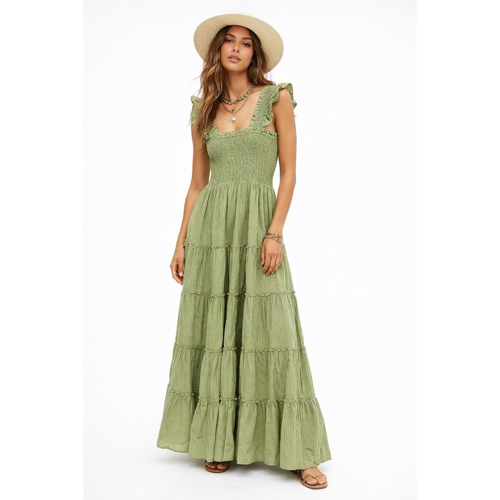 Few Moda Calypso Green Striped Smocked Tiered Maxi Dress S NWT